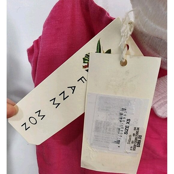 NWT Fanm Mon XS LORR LINEN LATRICE DRESS Pink Flower Embroidered Pleats Pockets - Picture 5 of 6